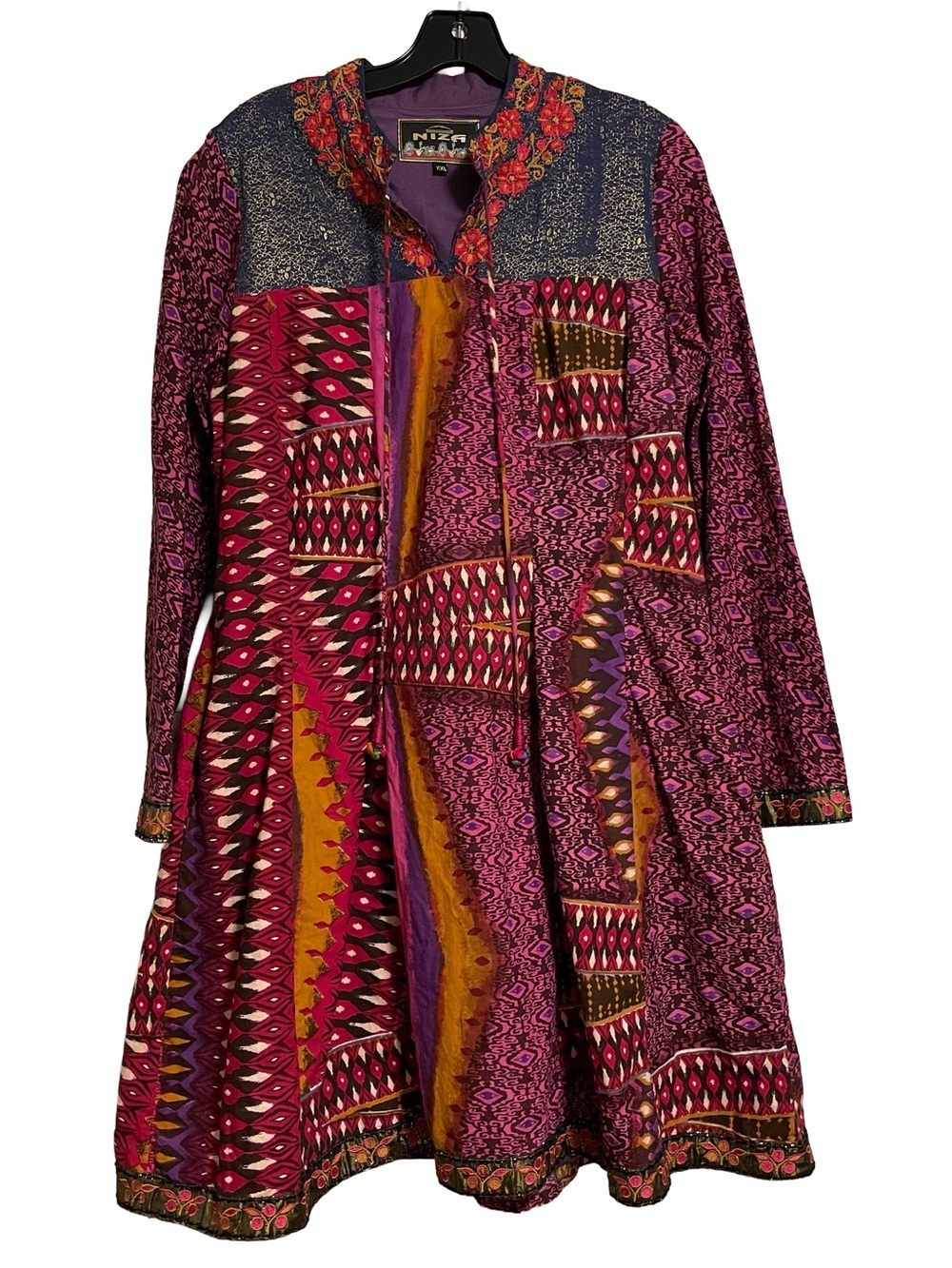 Niza Spain Boho Patchwork Long Sleeve Tunic Dress - Magenta, Gold, Purple